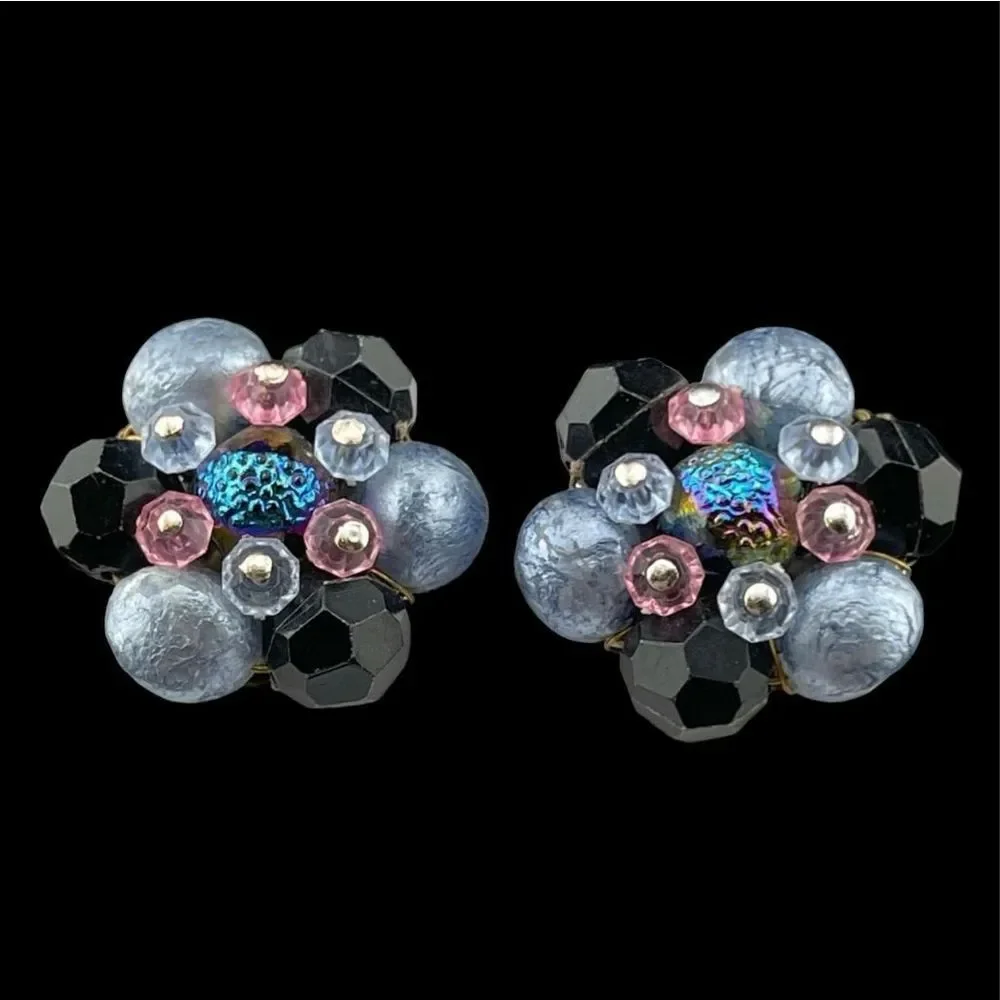 Western Germany Vintage Estate Signed Blue Black Pink Beaded Clip On Earrings